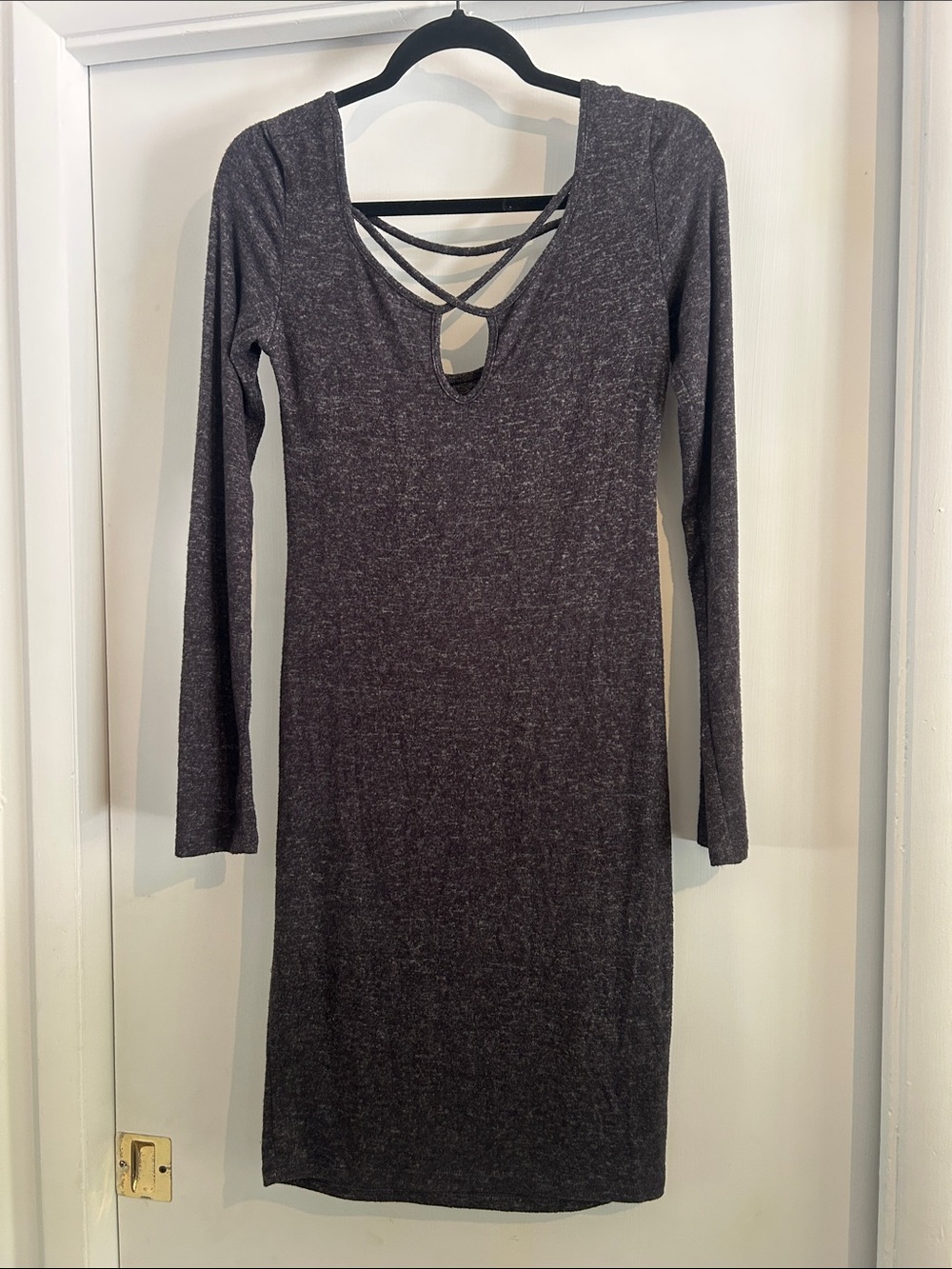 Popular Basics Long Sleeve Crisscross V-Neck Bodycon Dress in Charcoal Size L